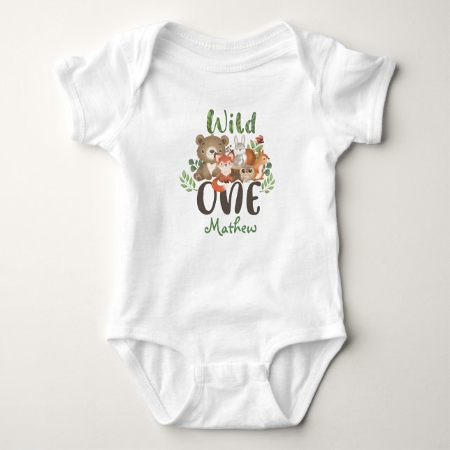 Wild One 1st Birthday Woodland Animals Baby Bodysuit (Front)