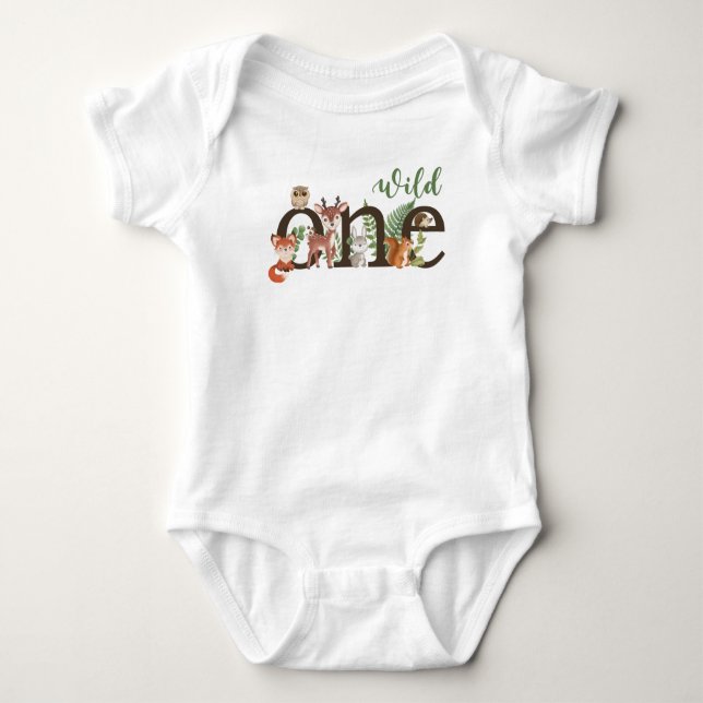 Wild One 1st Birthday Woodland Animals T-shirt Baby Bodysuit (Front)