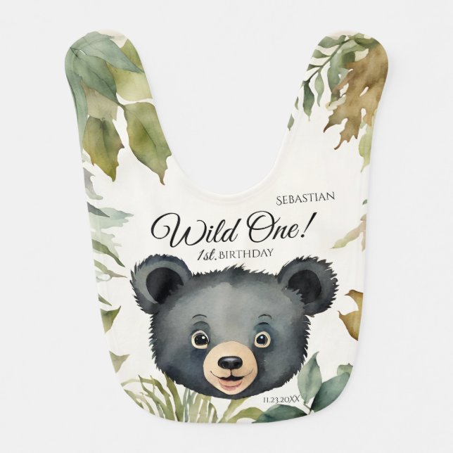 Wild One 1st Birthday Woodland Bear Baby Bib (Front)