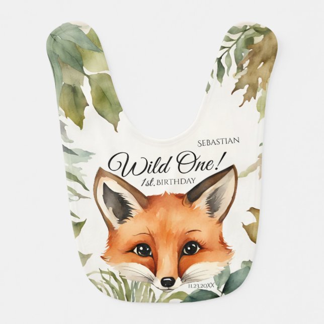 Wild One 1st Birthday Woodland Fox Baby Bib (Front)