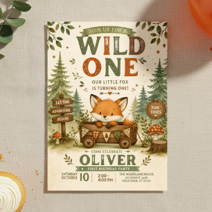 Wild One 1st Birthday   Woodland Fox Theme Invitation
