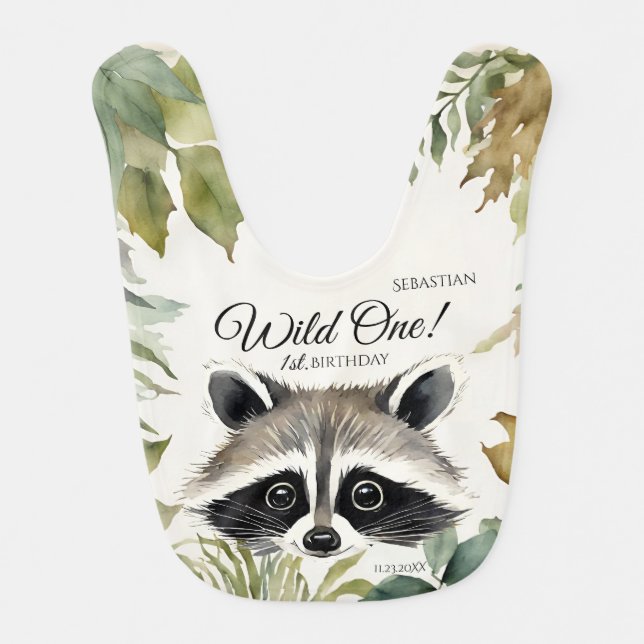 Wild One 1st Birthday Woodland Raccoon Baby Bib (Front)