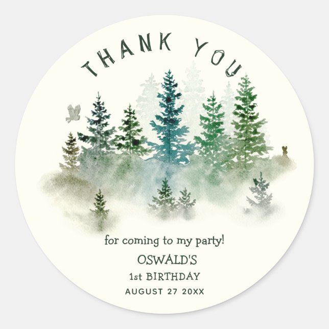 Wild One 1st Birthday Woodland Thank You Classic Round Sticker (Front)