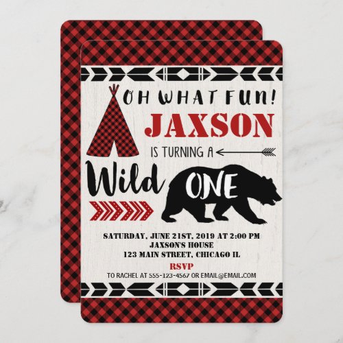 Wild one 1st first birthday invitation boy bear