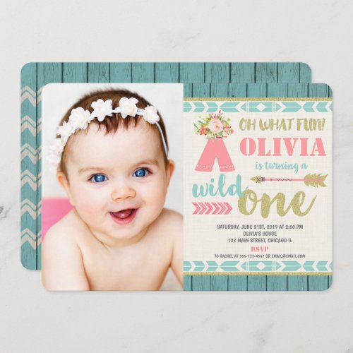 Wild one 1st first birthday invitations for girl