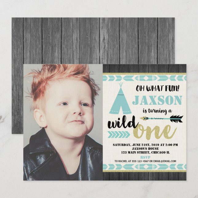 Wild one 1st first birthday photo invitation teal (Front/Back)