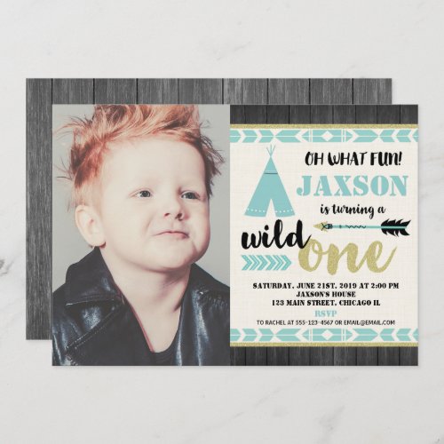 Wild one 1st first birthday photo invitation teal