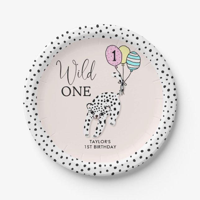 Wild One | 3D Leopard Balloon Girl 1st Birthday Paper Plates (Front)