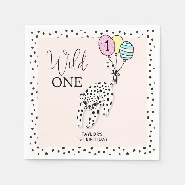 Wild One | 3D Leopard Balloon Girl's 1st Birthday Napkins (Front)