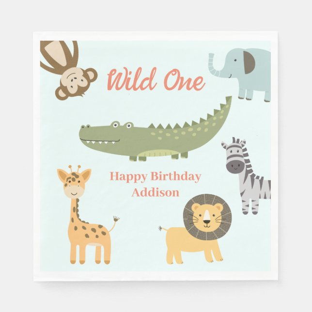Wild One African Safari Animals 1st Birthday Napkins (Front)