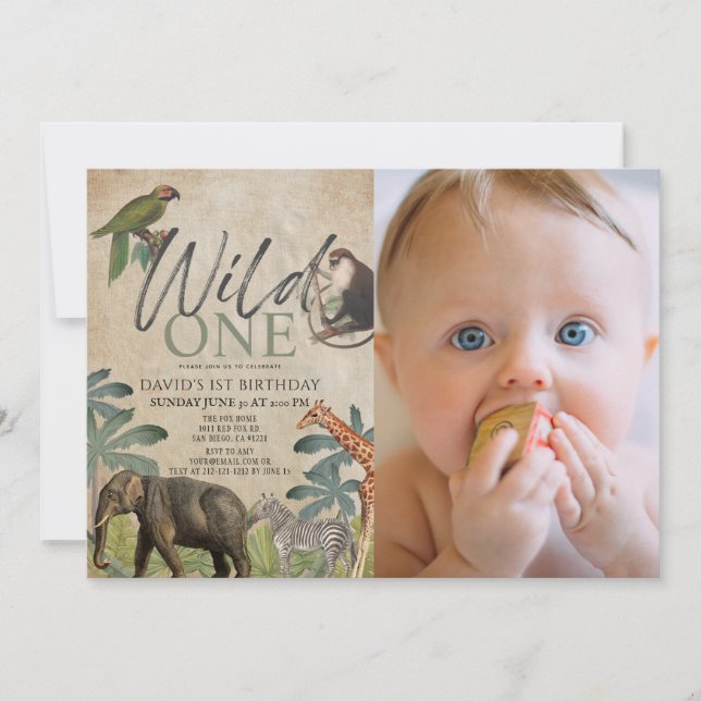 Wild One African Safari Animals Photo 1st Birthday Invitation (Front)