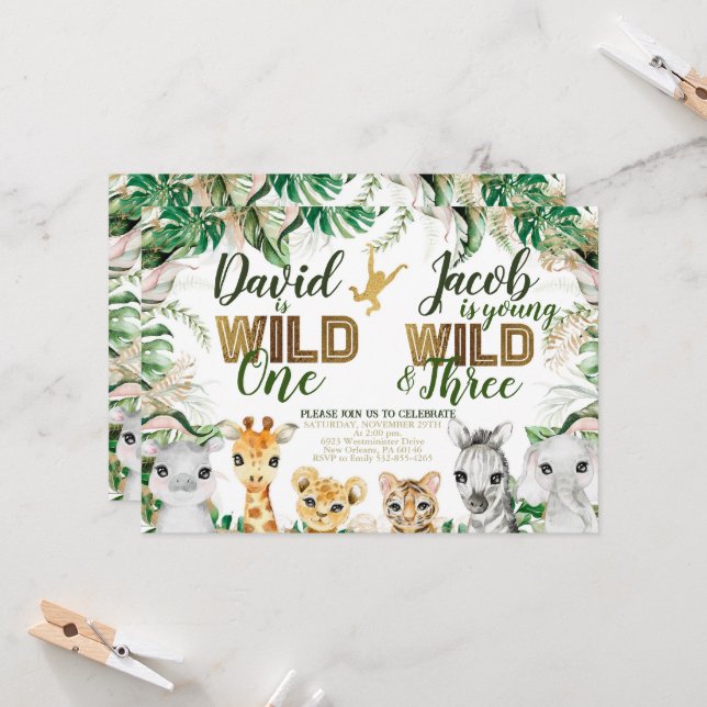 Wild One and Three Combined Zoo 1st 3rd Birthday Invitation (Front/Back In Situ)
