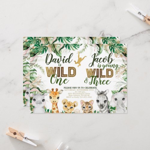Wild One and Three Combined Zoo 1st 3rd Birthday Invitation