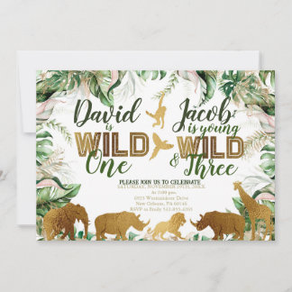Wild One and Three Combined Zoo 1st 3rd Birthday Invitation