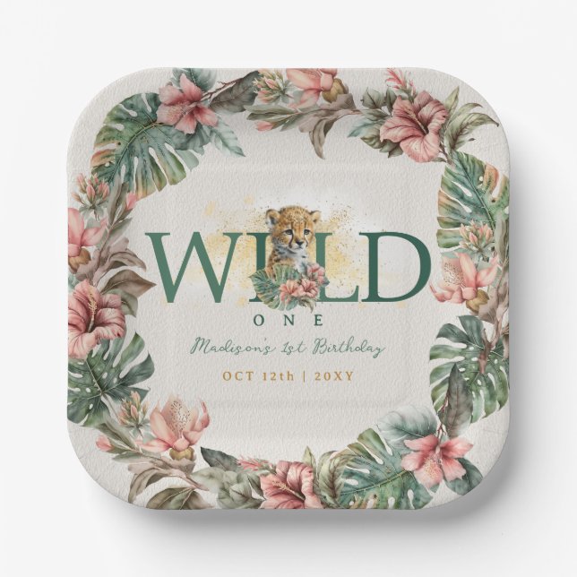Wild One Animal Guepard Baby Boy 1st Birthday Paper Plates (Front)