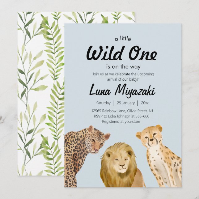 wild one animal lion cheetah for boy baby shower  invitation (Front/Back)
