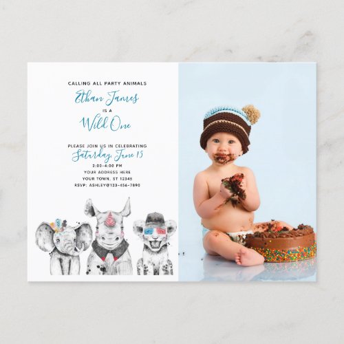 Wild One Animal Safari Baby Boy 1st Birthday Photo Invitation Postcard