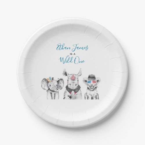 Wild One Animal Safari Black White Blue Birthday Paper Plates