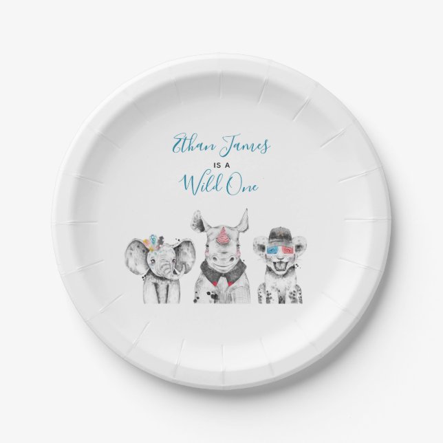 Wild One Animal Safari Black White Blue Birthday Paper Plates (Front)