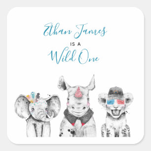 Wild One Animal Safari Black White Blue Birthday Square Sticker
