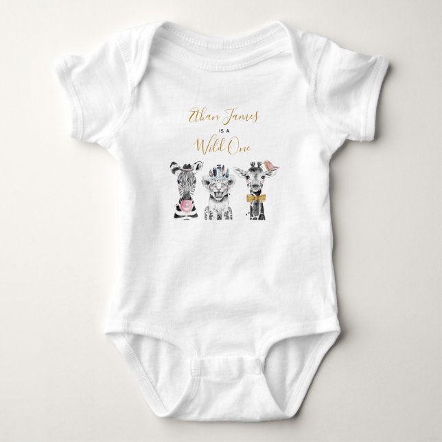 Wild One Animal Safari Black White Gold Birthday Baby Bodysuit (Front)
