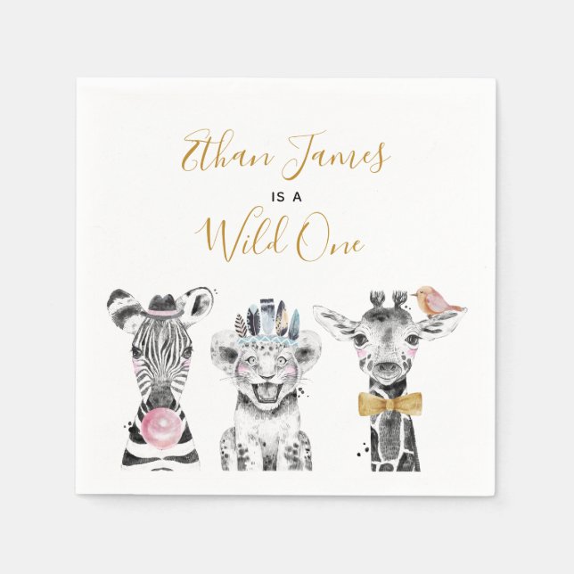 Wild One Animal Safari Black White Gold Birthday Napkins (Front)