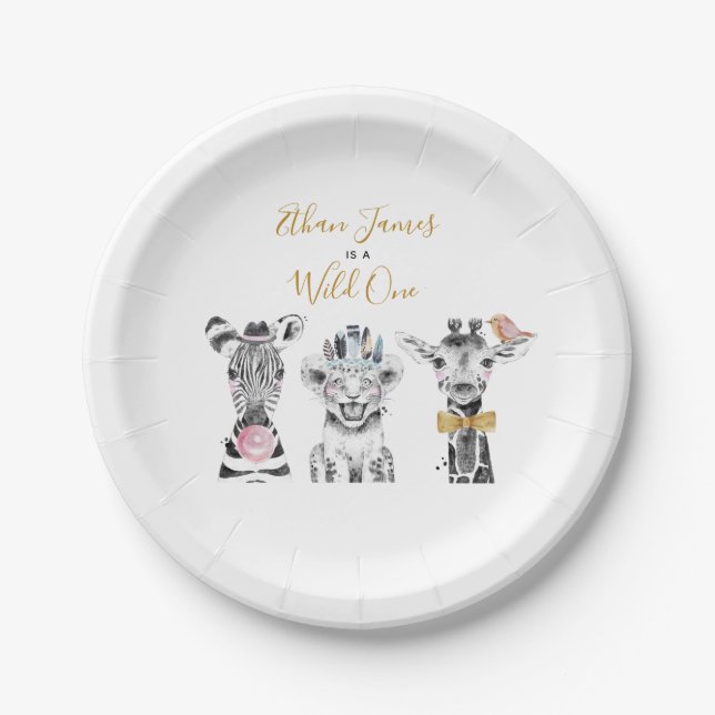 Wild One Animal Safari Black White Gold Birthday Paper Plates (Front)