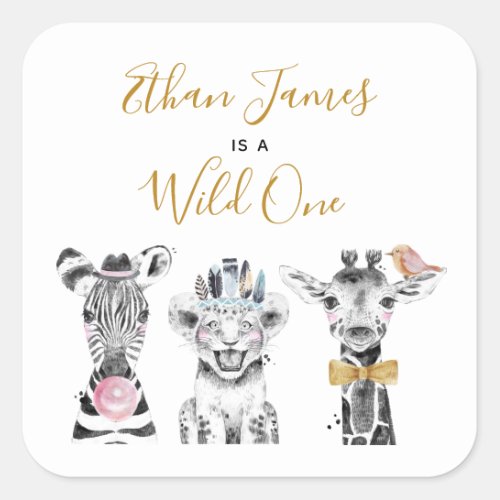 Wild One Animal Safari Black White Gold Birthday Square Sticker