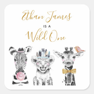 Wild One Animal Safari Black White Gold Birthday Square Sticker