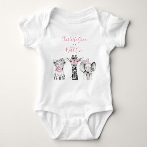 Wild One Animal Safari Black White Pink Birthday Baby Bodysuit