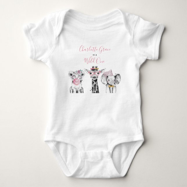 Wild One Animal Safari Black White Pink Birthday Baby Bodysuit (Front)