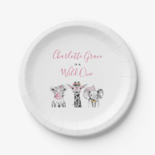 Wild One Animal Safari Black White Pink Birthday Paper Plates