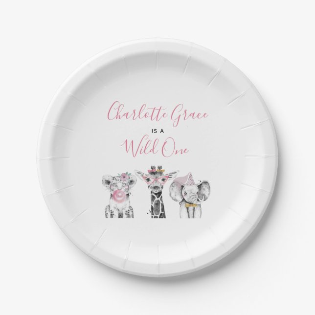 Wild One Animal Safari Black White Pink Birthday Paper Plates (Front)