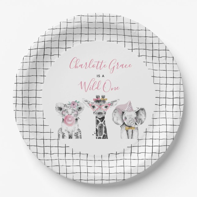 Wild One Animal Safari Black White Pink Birthday Paper Plates (Front)