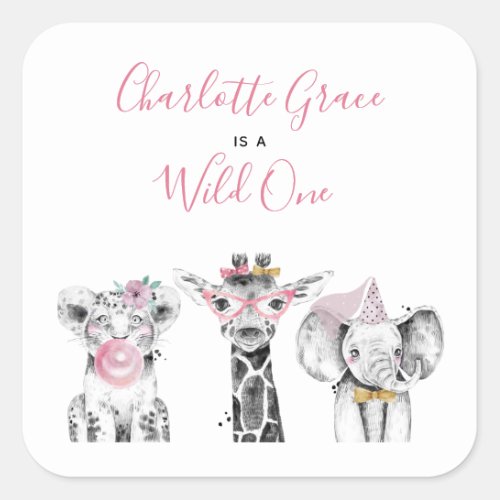 Wild One Animal Safari Black White Pink Birthday Square Sticker