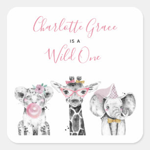 Wild One Animal Safari Black White Pink Birthday Square Sticker