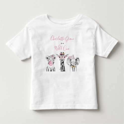 Wild One Animal Safari Black White Pink Birthday Toddler T_shirt
