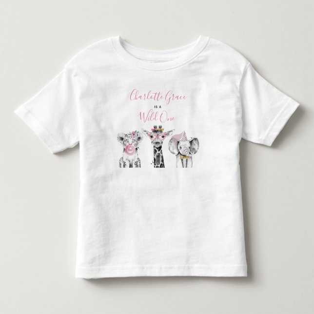 Wild One Animal Safari Black White Pink Birthday Toddler T-shirt (Front)