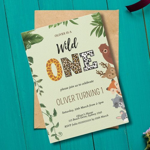 Wild One animal shape letters greenly 1st Birthday Invitation