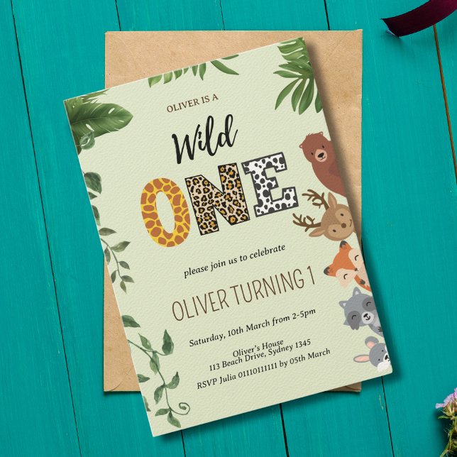 Wild One animal shape letters greenly 1st Birthday Invitation (Creator Uploaded)