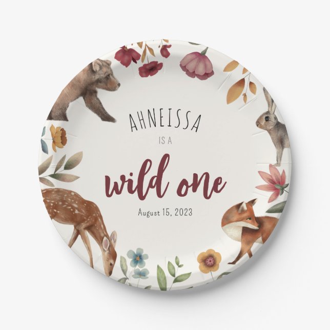 Wild One Animal Woodland Scene First Birthday Paper Plates (Front)