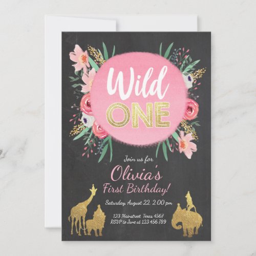 Wild One Animals Birthday Invitation Floral Gold