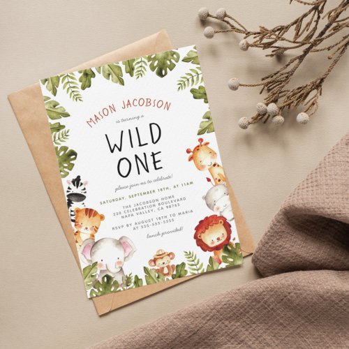 Wild One Animals  Botanical Boy Birthday Party Postcard