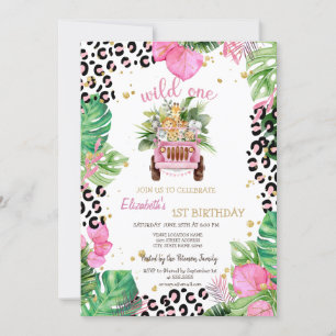 Wild One Animals Car,Palm Leaves 1st Birthday Invitation
