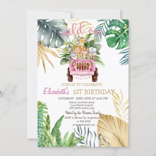 Wild One Animals CarTropical Leaves 1st Birthday  Invitation