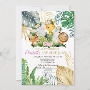 Wild One Animals Flowers Tropical 1st Birthday  Invitation