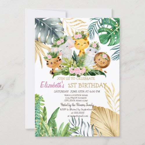 Wild One Animals Flowers Tropical 1st Birthday  Invitation