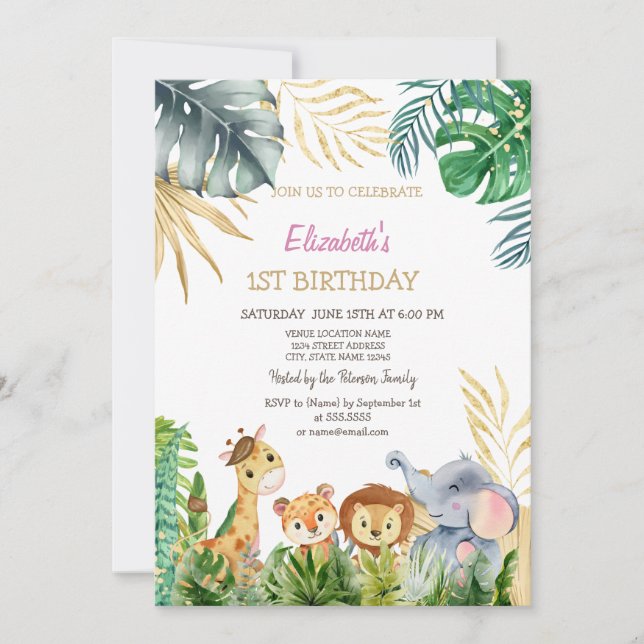 Wild One Animals Friends Tropical 1st Birthday Invitation (Front)