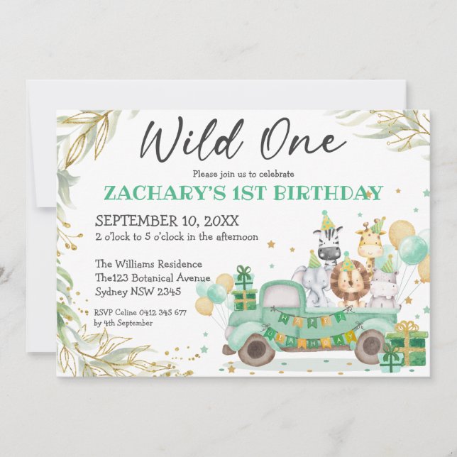 Wild One Animals Greenery Gold Safari 1st Birthday Invitation (Front)