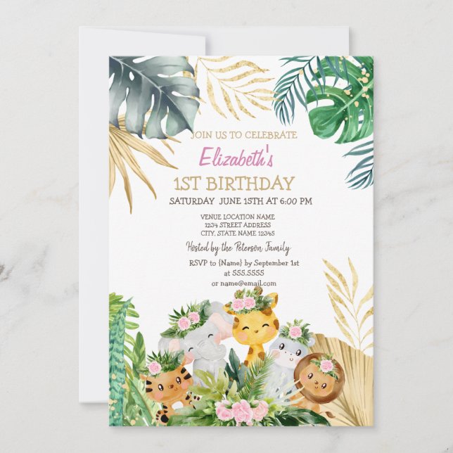 Wild One Animals Jungle Flowers Tropical 1st  Invitation (Front)